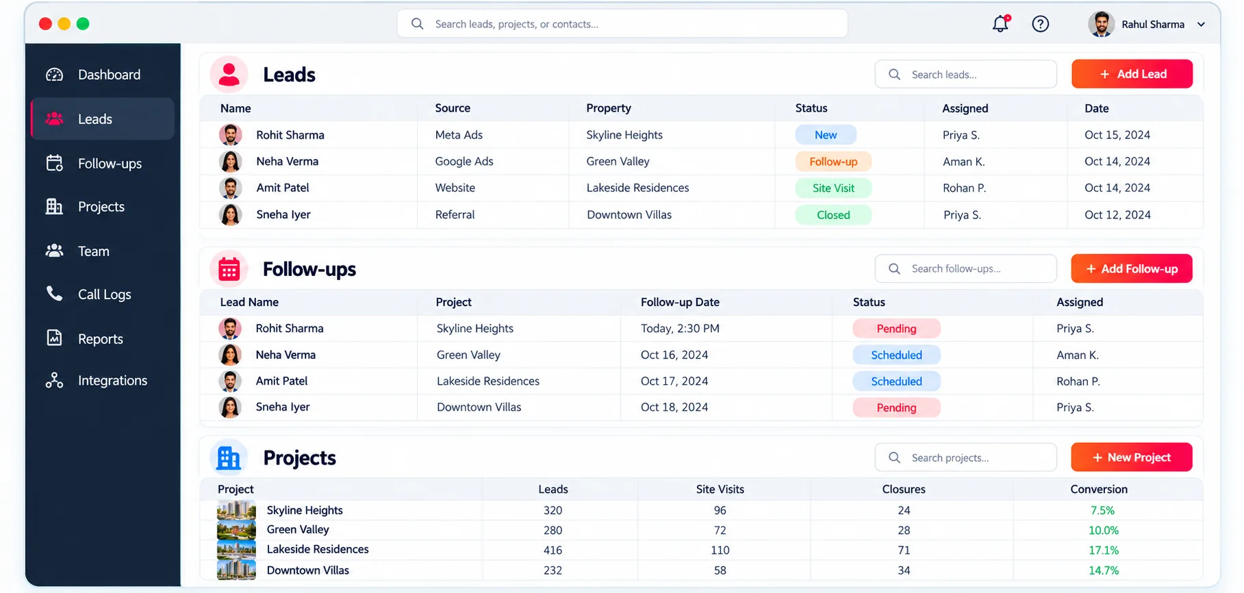 Lead Management illustrative product screen with sample data
