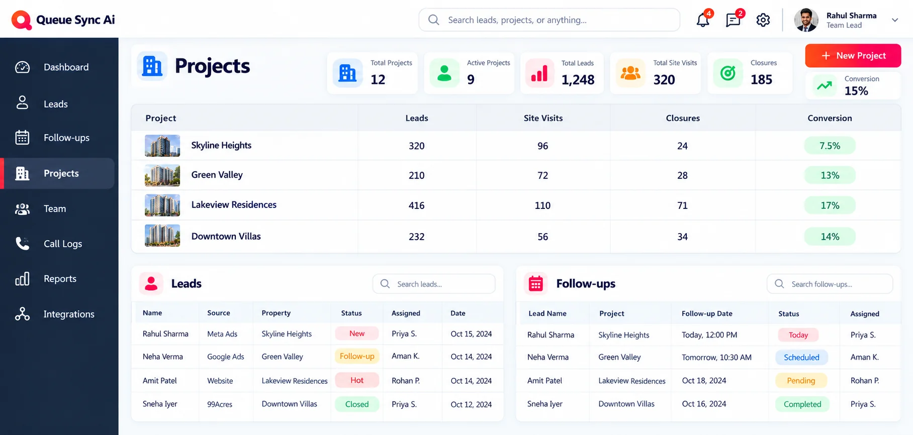 Projects & Team illustrative product screen with sample data